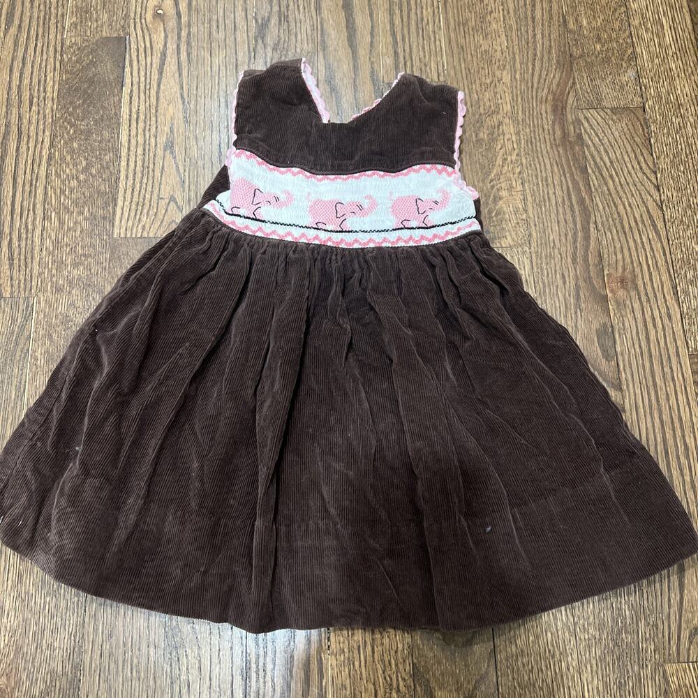 Little Follies Girl Dress Size 1 Brown Corduroy Pink Elephants Vintage‎